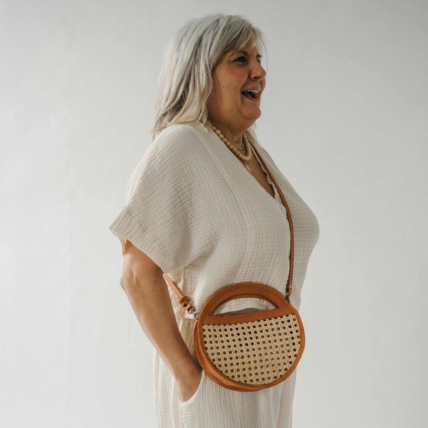 Round Leather Bag with Cane Accent - Caramel