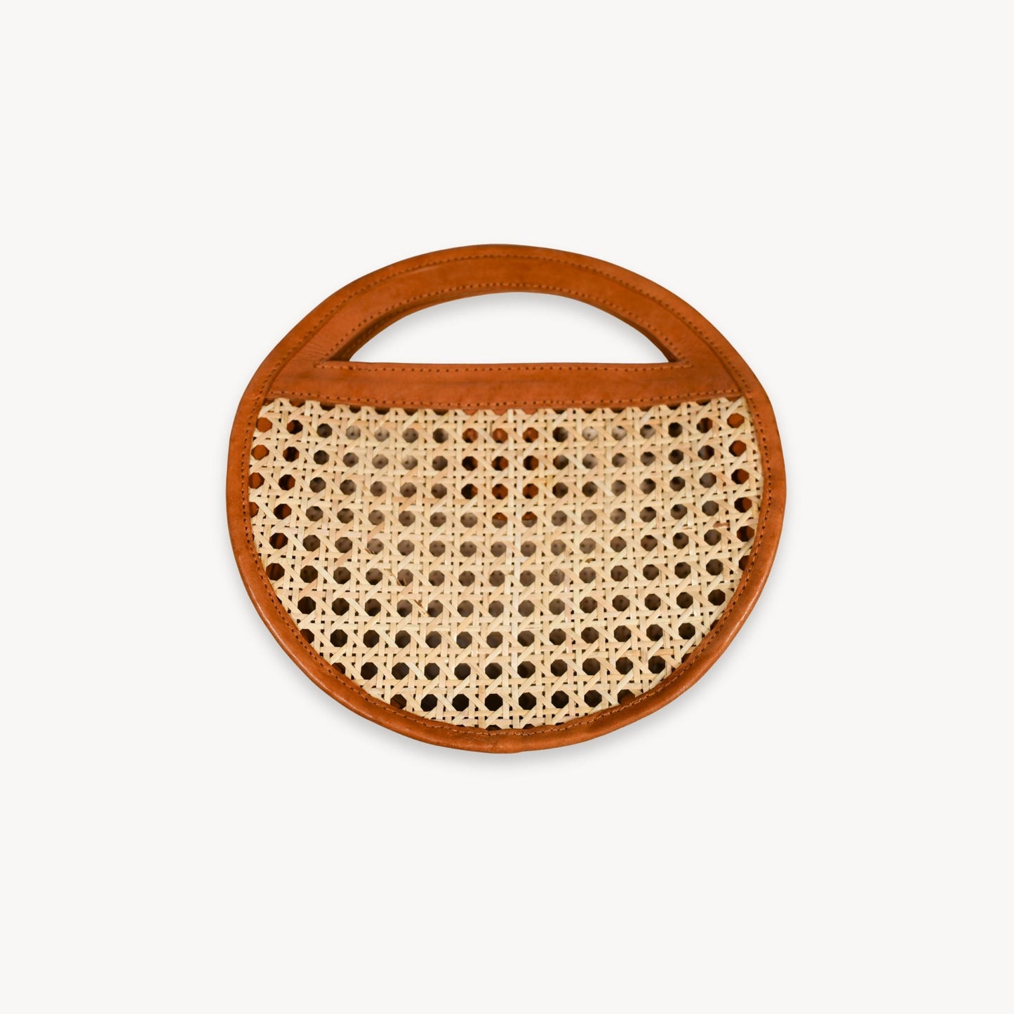 Round Leather Bag with Cane Accent - Caramel