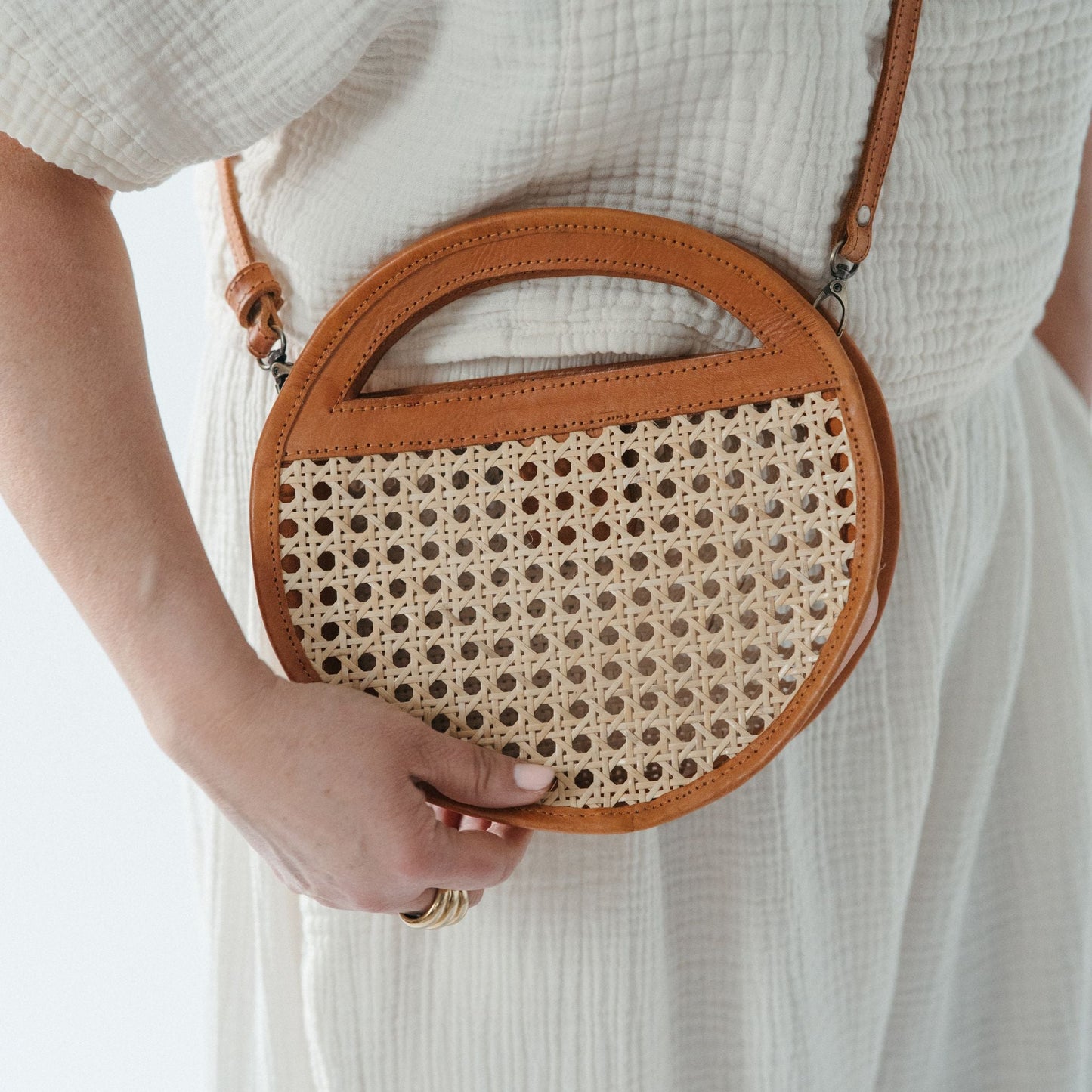 Round Leather Bag with Cane Accent - Caramel