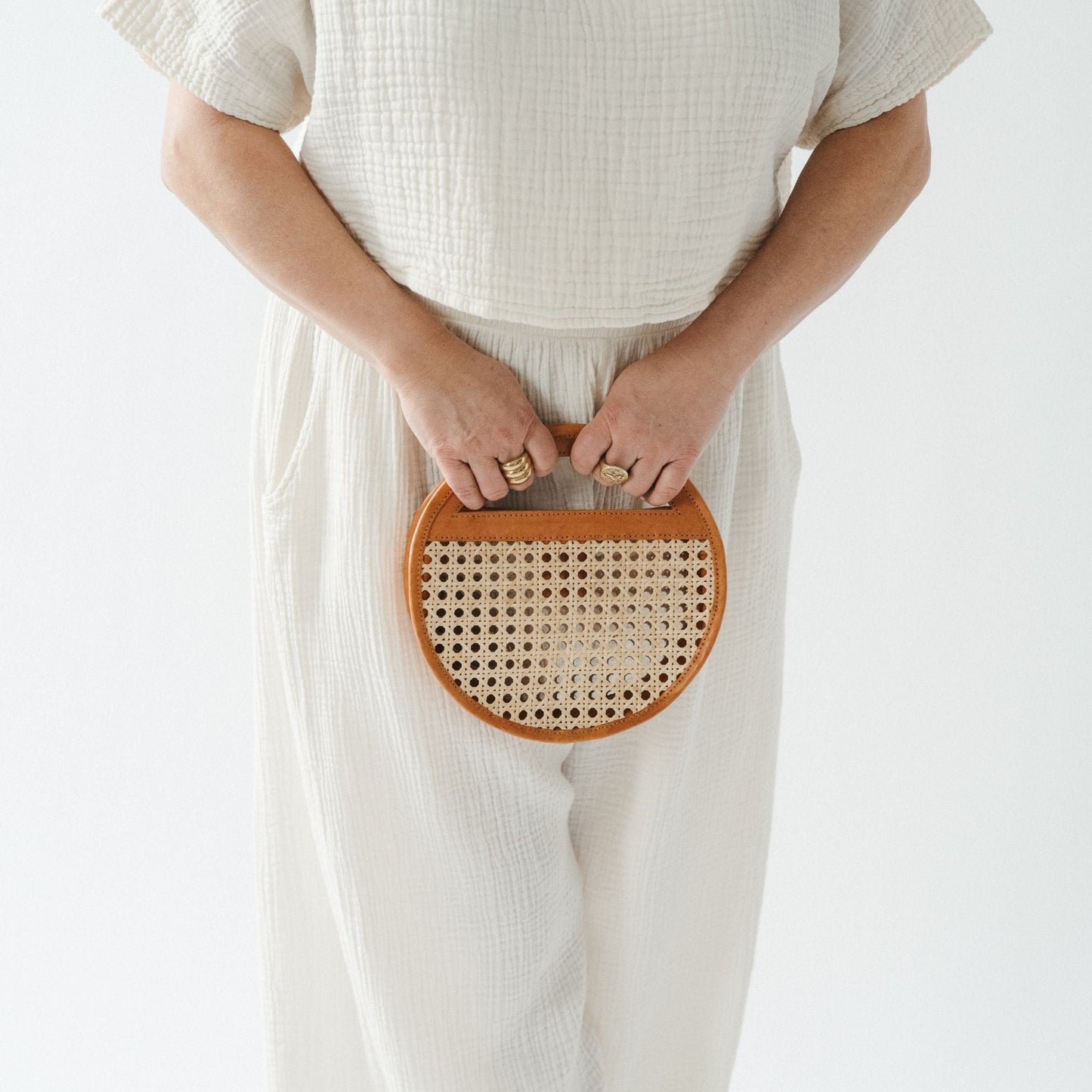 Round Leather Bag with Cane Accent - Caramel