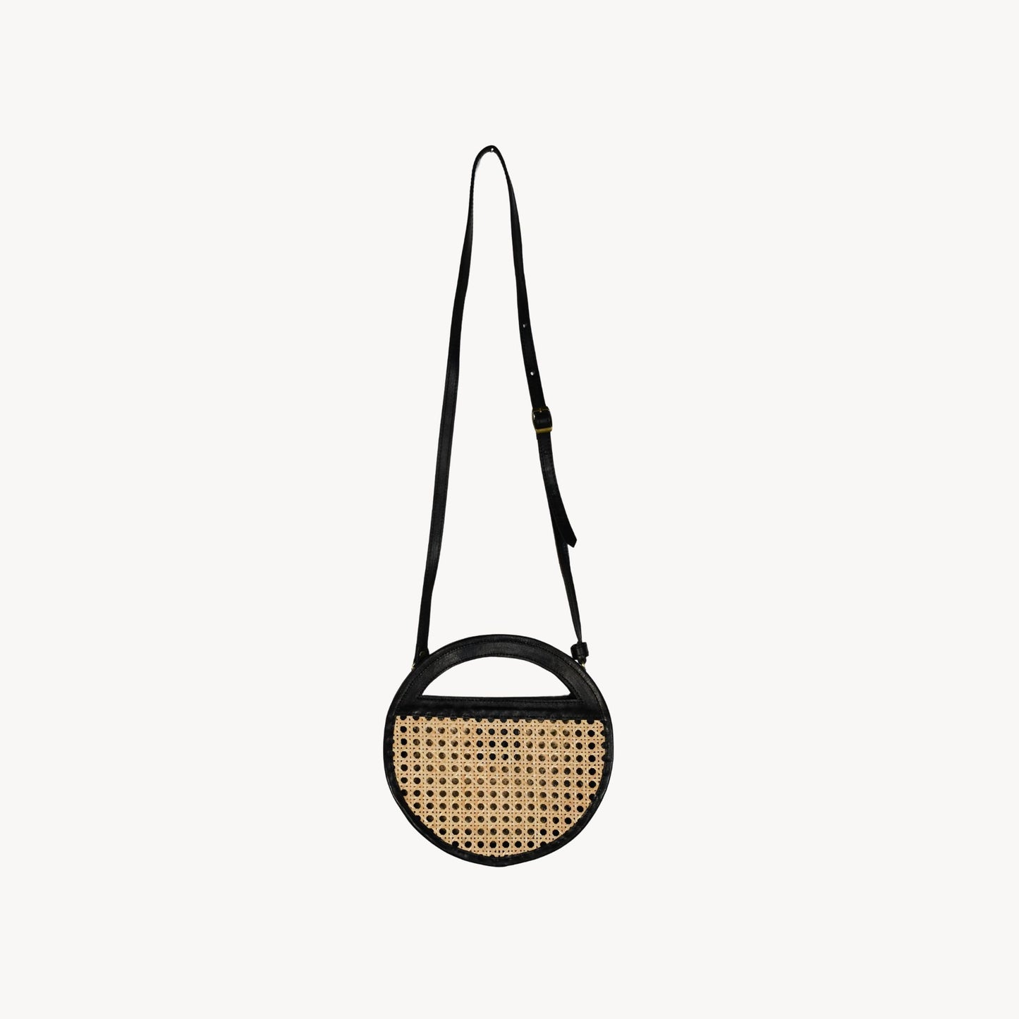 Round Leather Bag with Cane Accent - Black