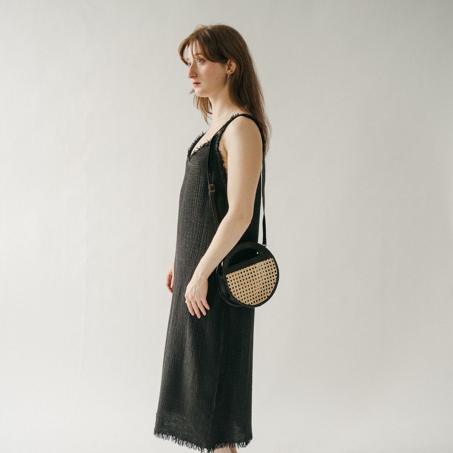 Round Leather Bag with Cane Accent - Black