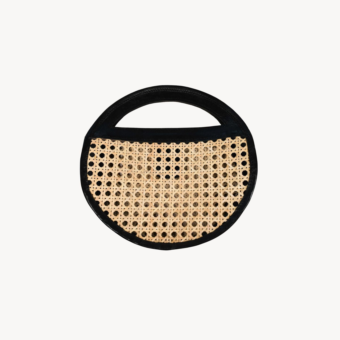 Round Leather Bag with Cane Accent - Black