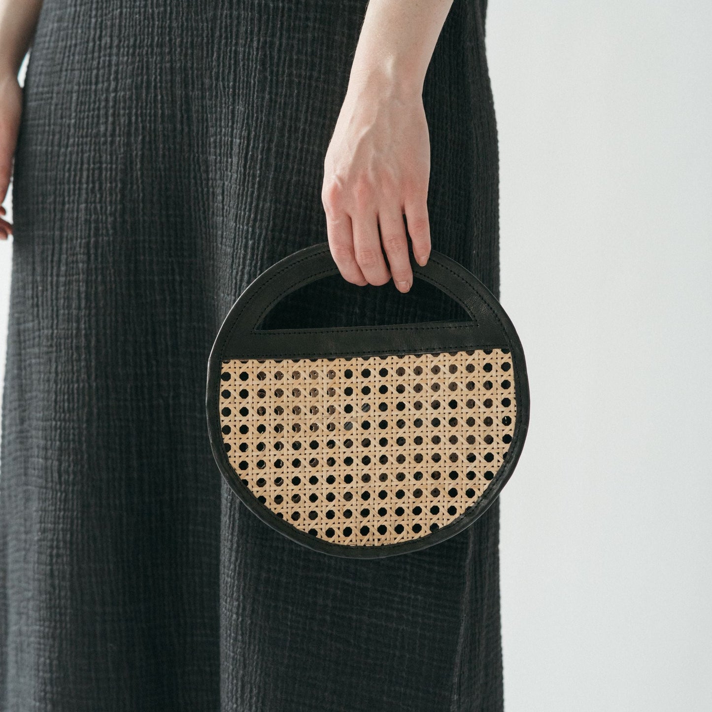 Round Leather Bag with Cane Accent - Black