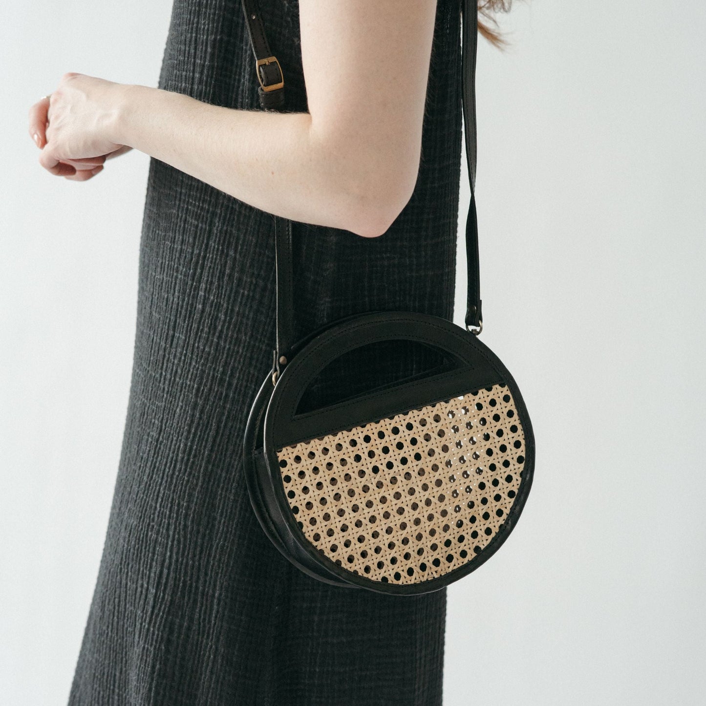 Round Leather Bag with Cane Accent - Black