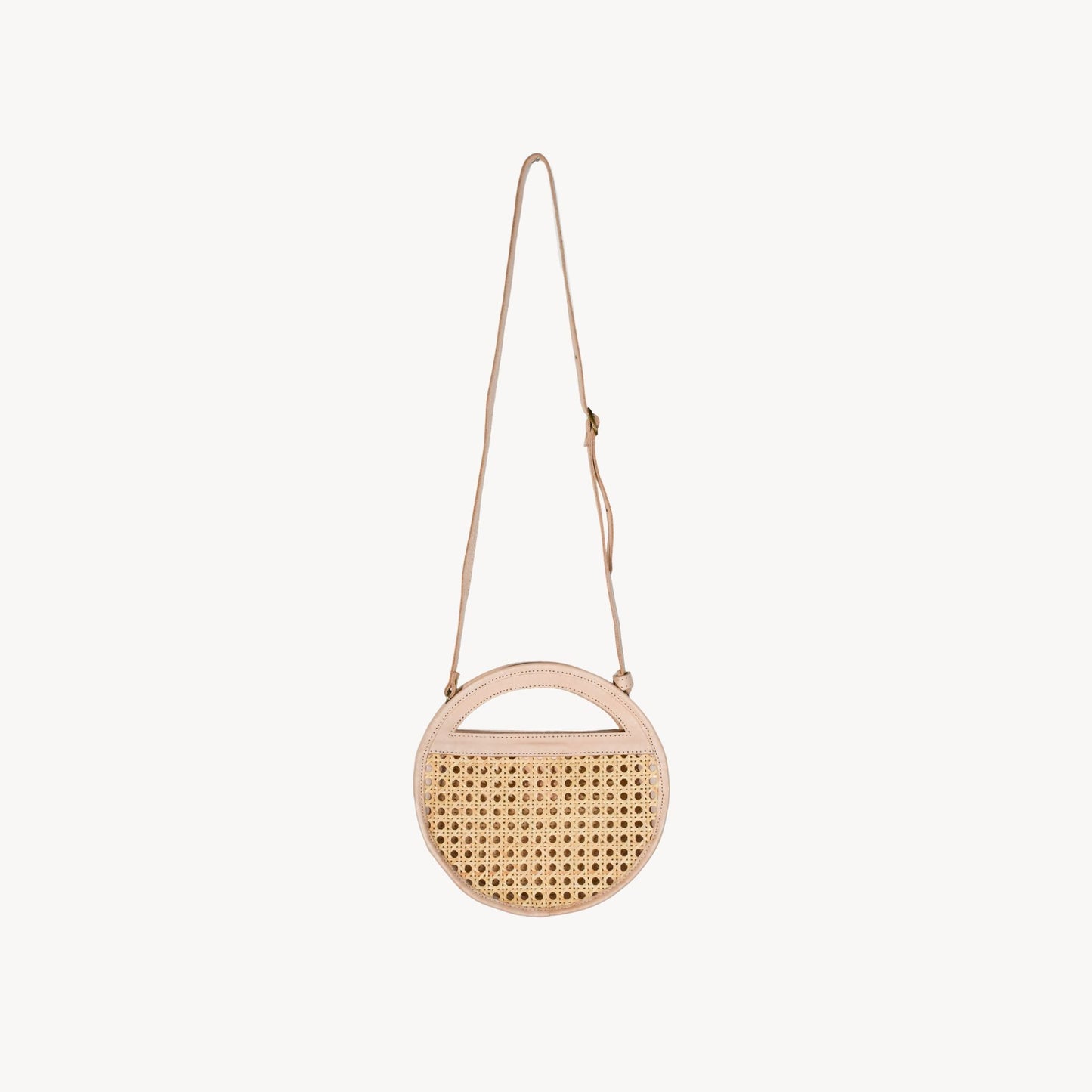 Round Leather Bag with Cane Accent - Cream
