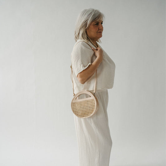 Round Leather Bag with Cane Accent - Cream