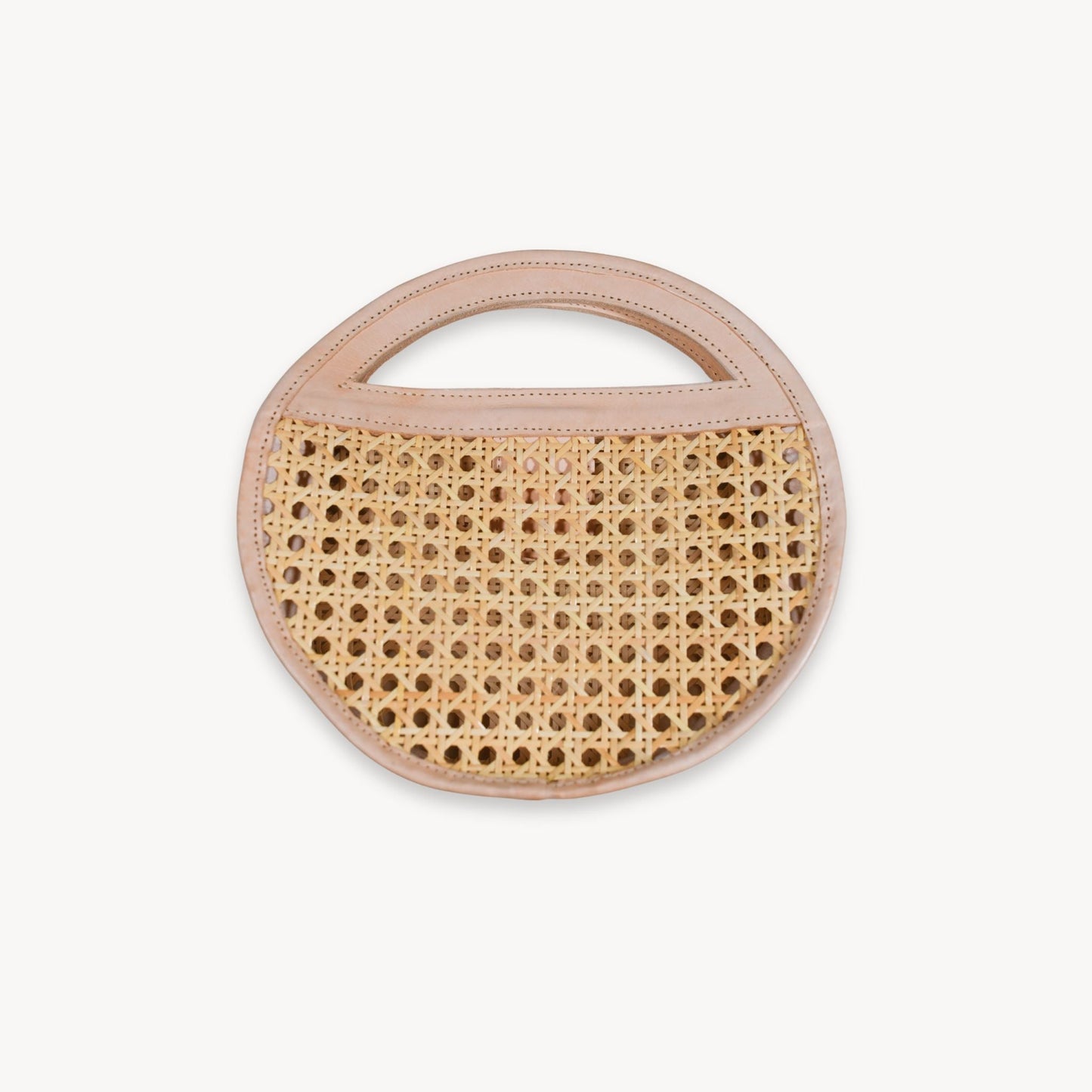 Round Leather Bag with Cane Accent - Cream