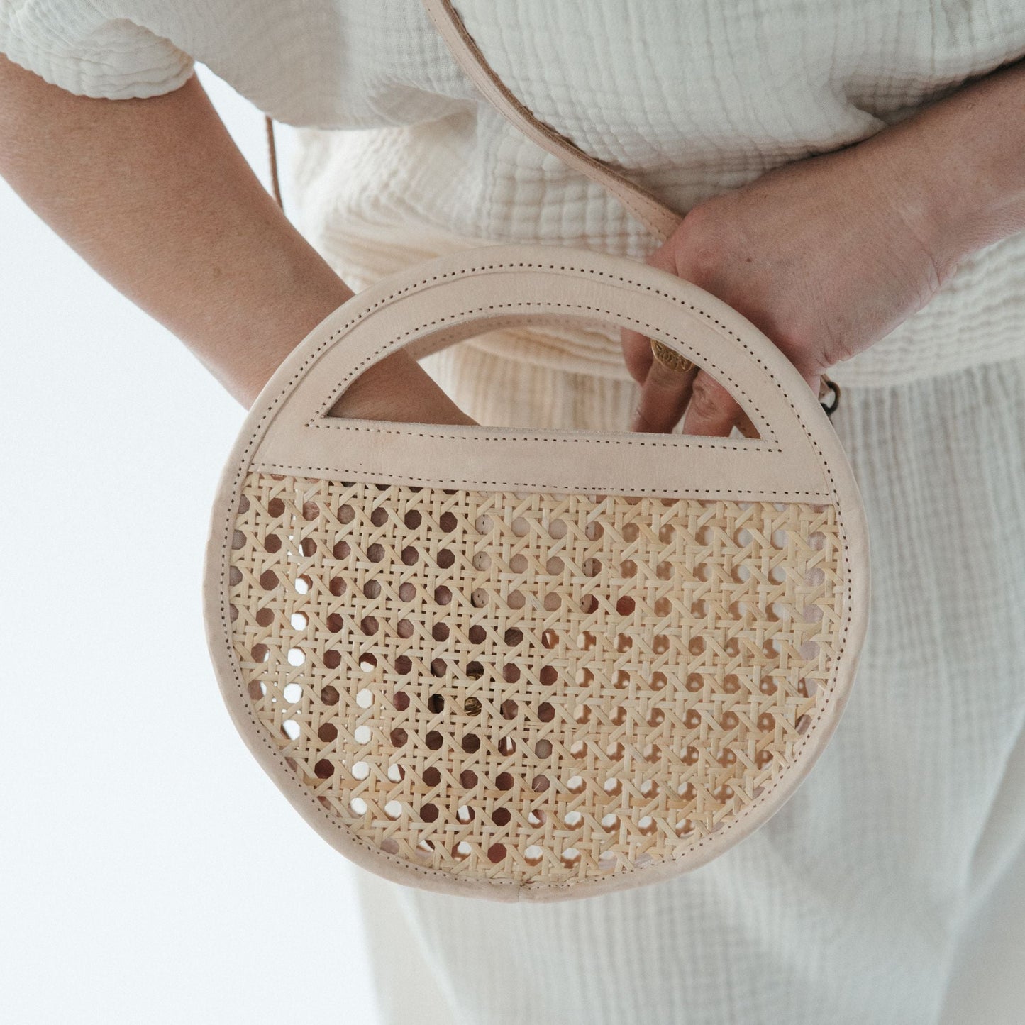 Round Leather Bag with Cane Accent - Cream