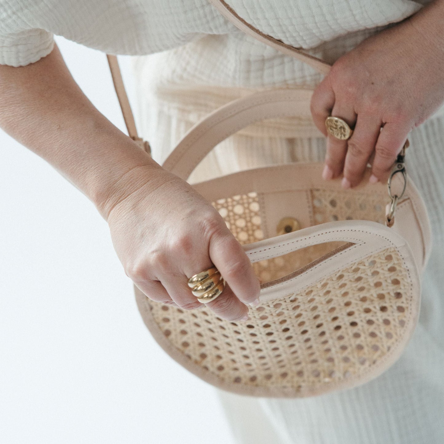 Round Leather Bag with Cane Accent - Cream