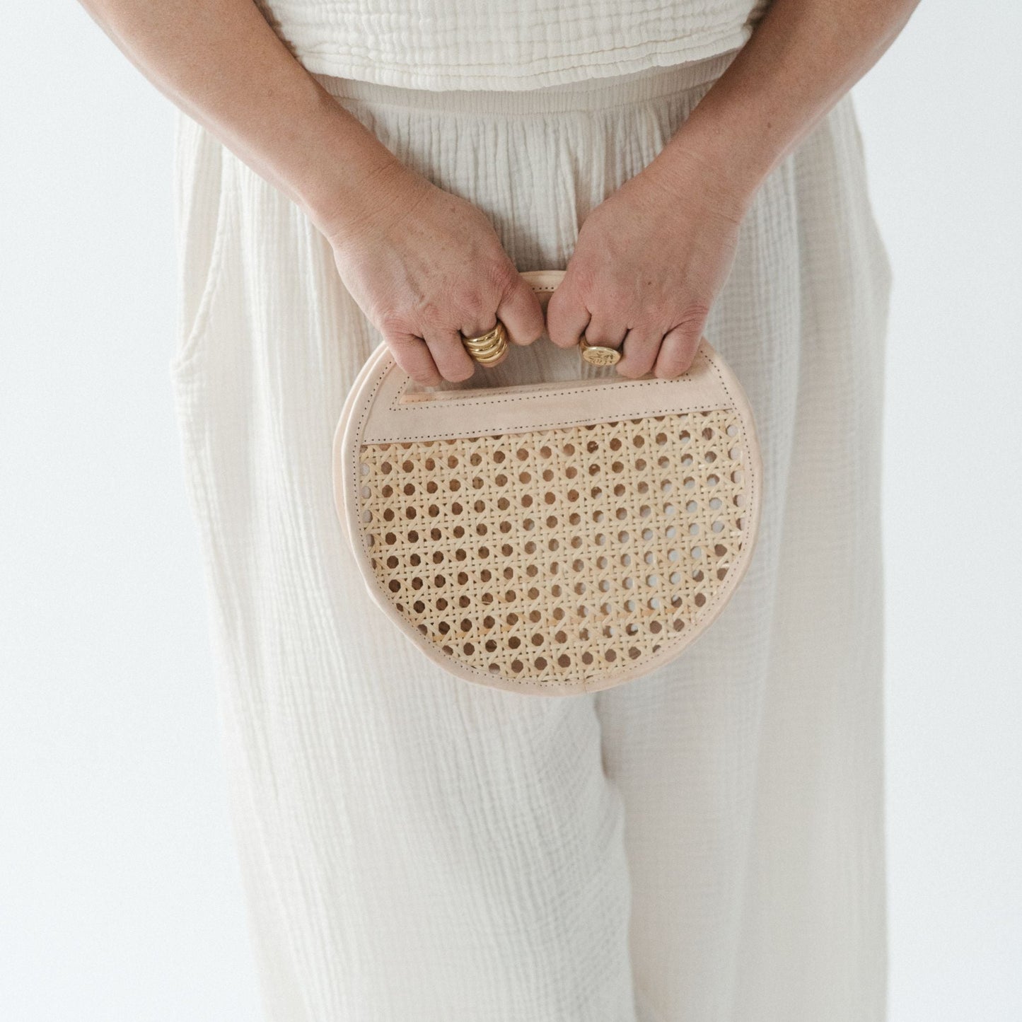 Round Leather Bag with Cane Accent - Cream