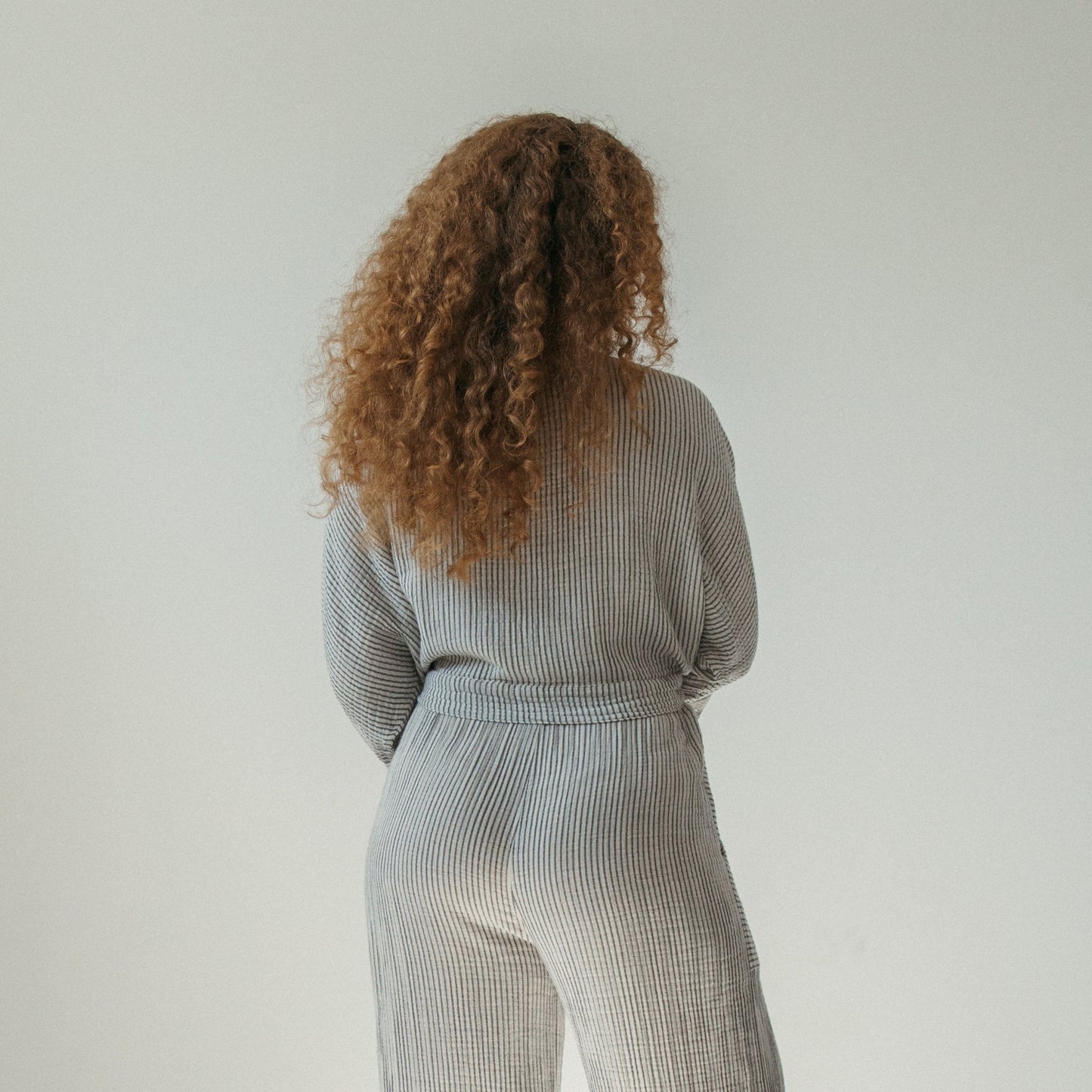 Striped Crinkle Balloon Sleeve Top - Charcoal