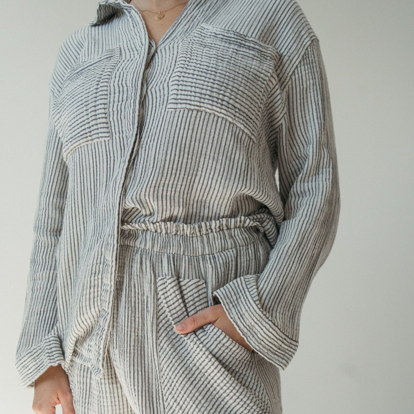 Striped Crinkle Pocket Shirt with Buttons - Charcoal