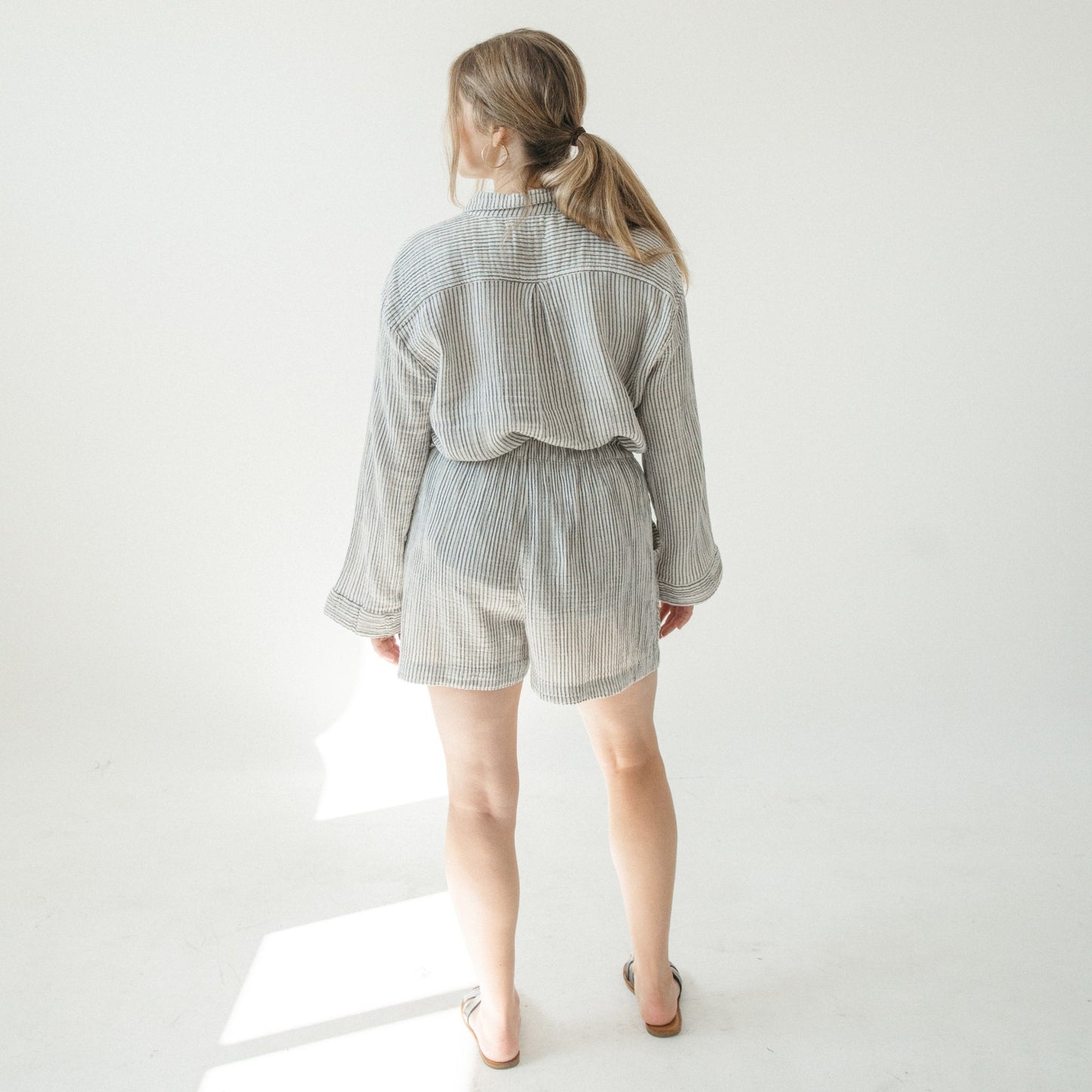 Striped Crinkle Pocket Shirt with Buttons - Charcoal