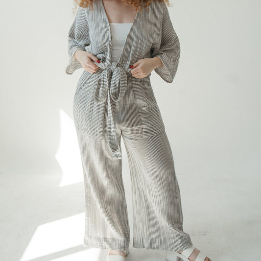 Striped Crinkle Pocketed Pant - Charcoal