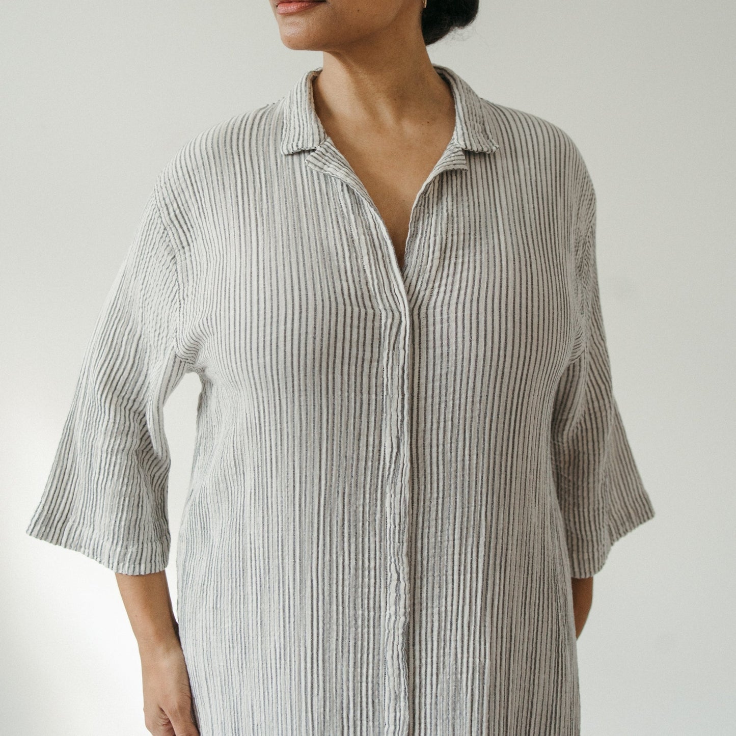 Striped Crinkle Shirt Dress - Charcoal