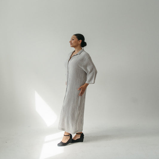 Striped Crinkle Shirt Dress - Charcoal