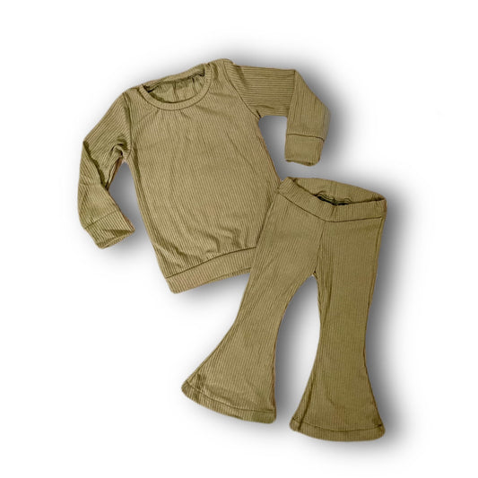 Baby Ribbed Bamboo Crewneck with Bells or Baggy Pants - Sage