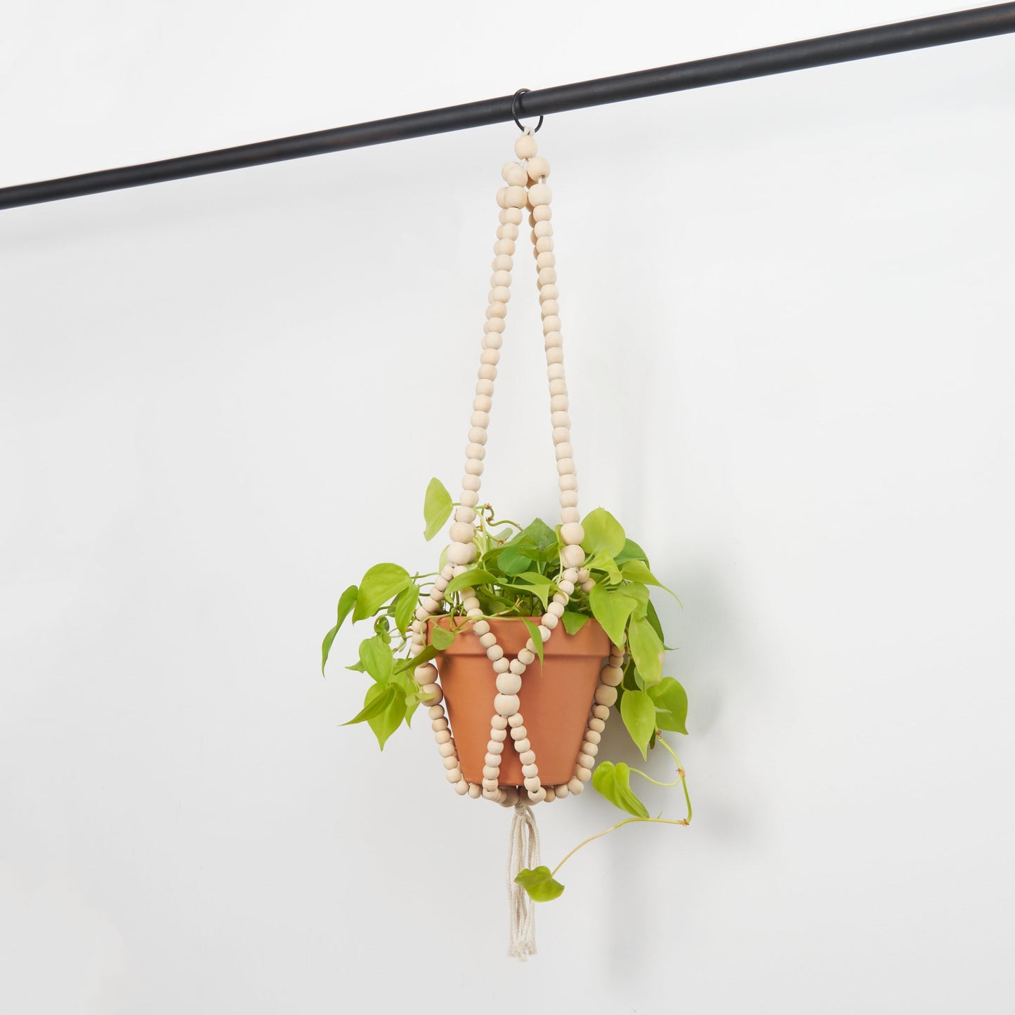 Wooden Beaded Hanging Pot Holder - Natural