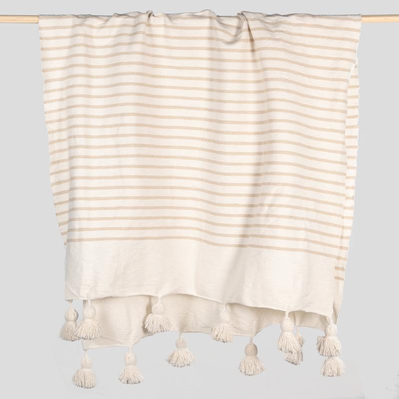 Beige Striped Moroccan Pom Pom Blanket / Throw