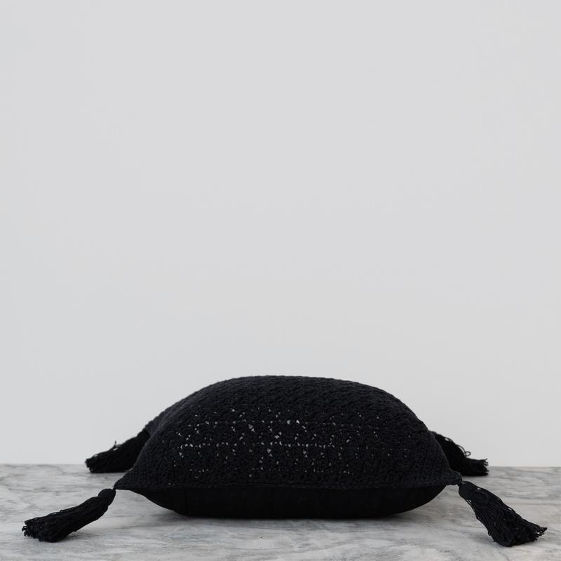 Crochet Pillow with Tassels - Black