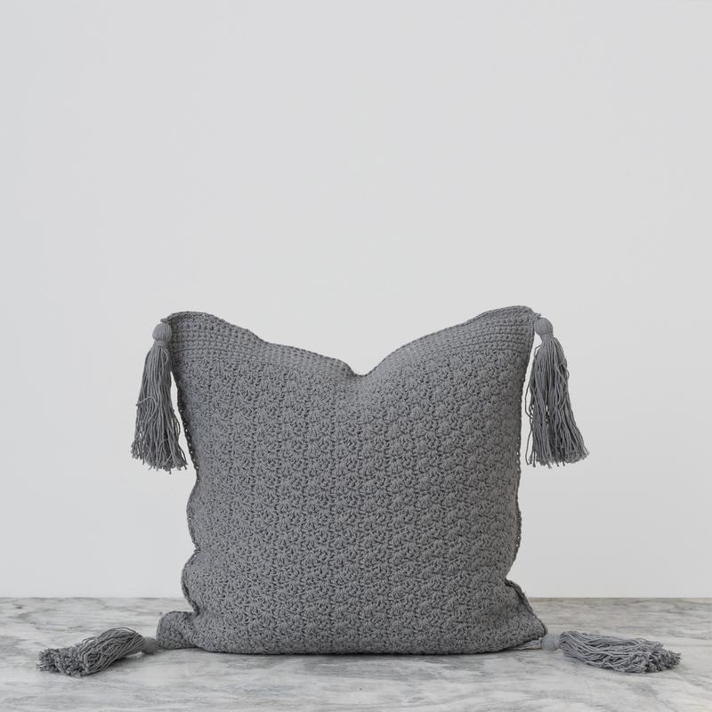 Crochet Pillow with Tassels - Grey