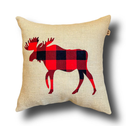 Plaid Moose Burlap Pillow