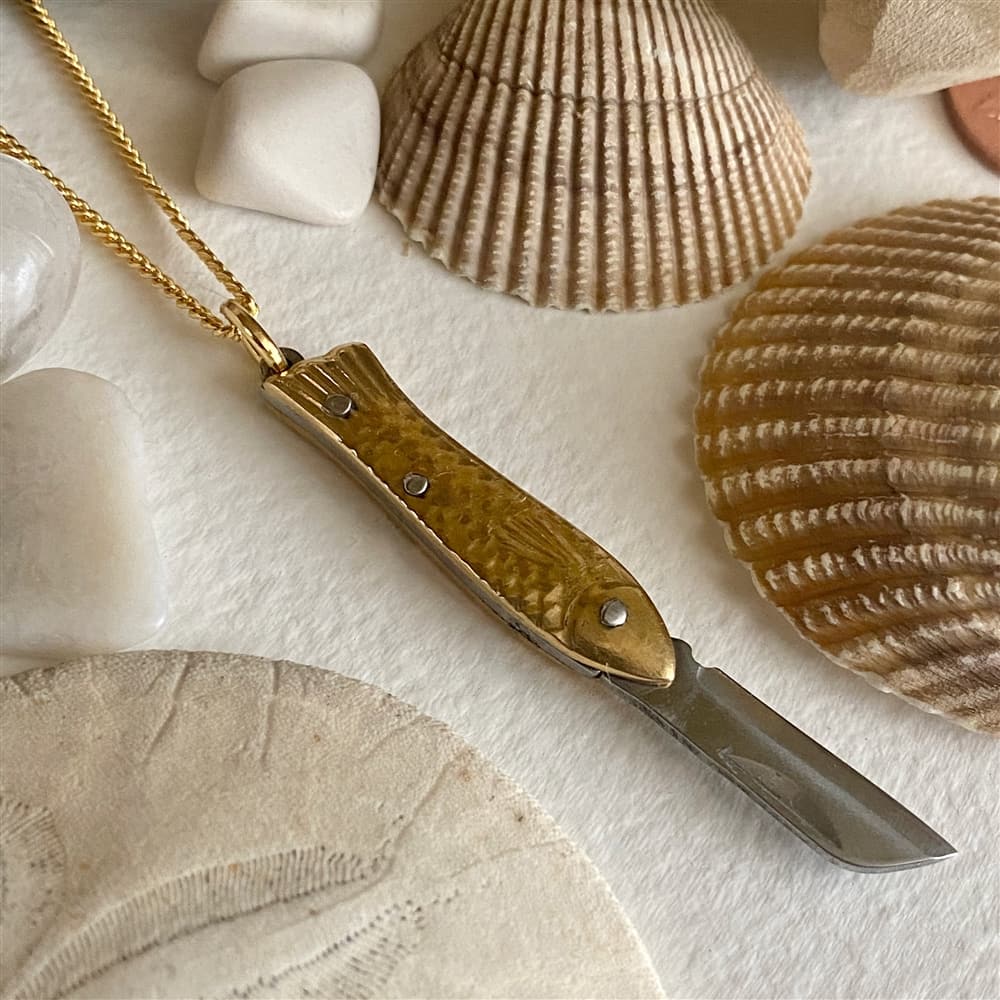 Filet Fish Shaped Pocket Knife Charm Necklace