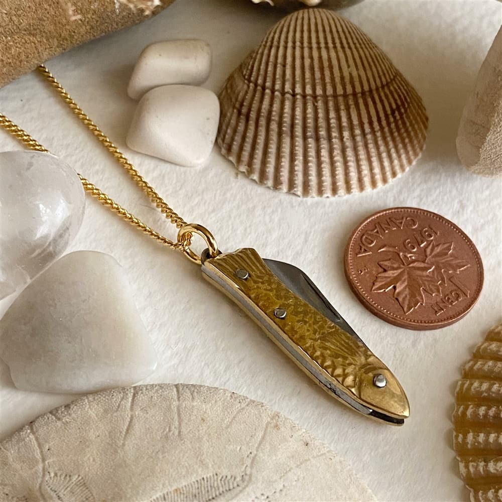 Filet Fish Shaped Pocket Knife Charm Necklace