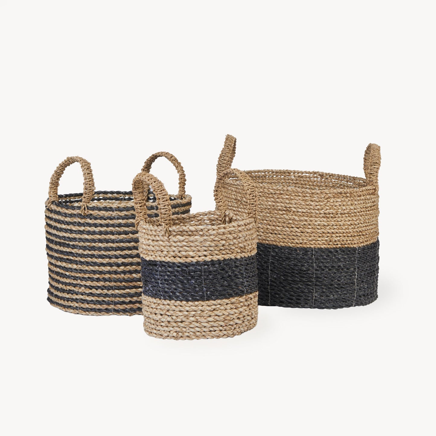 Set of 3 Handled Baskets - Black/Natural