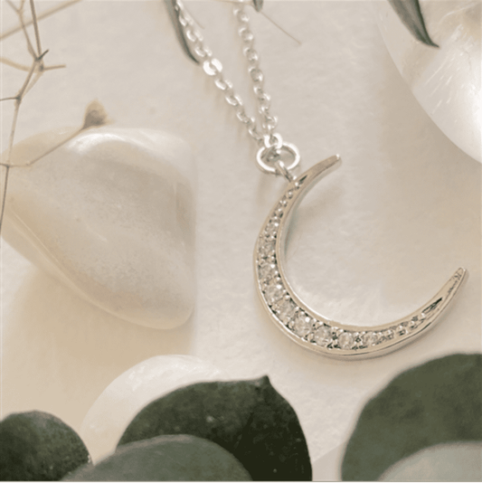 La Lune  Rhinestone Moon Charm Necklace in Silver