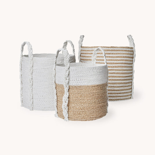 Set of 3 Large Handled Seagrass Basket Natural/White