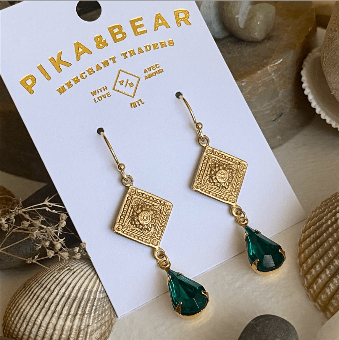 Nogales Emerald Brass Medallion Earrings with Emerald Green Drops