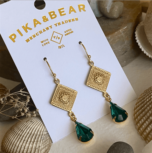 Nogales Emerald Brass Medallion Earrings with Emerald Green Drops