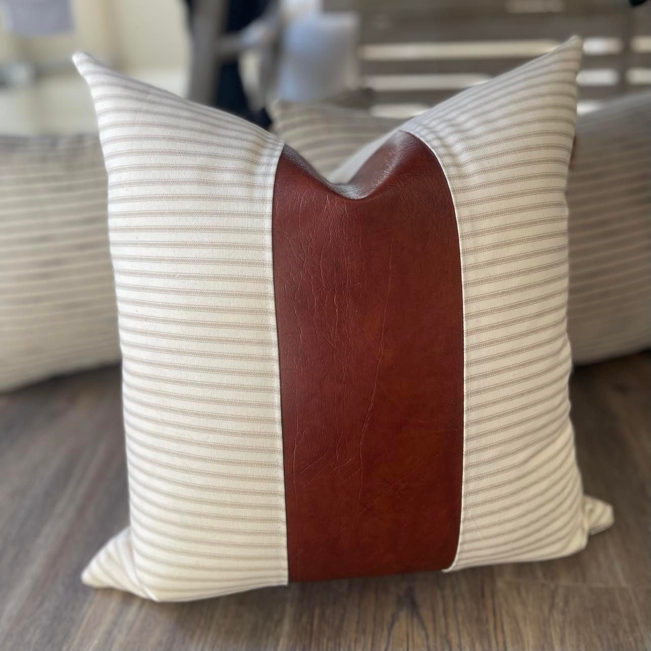 Striped Canvas + Faux Leather Pillow with Down Feather Insert