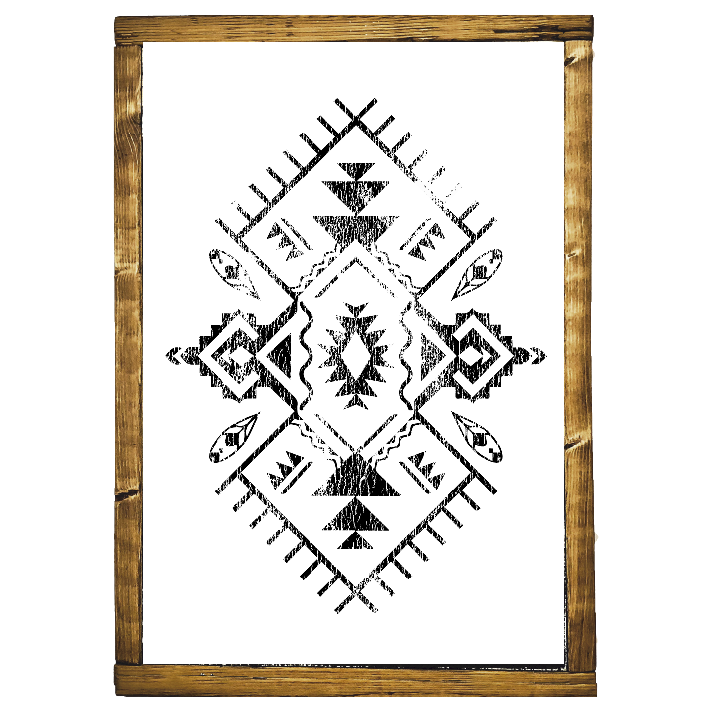Black rustic faded abstract southwestern style print on white background with dark wood frame.