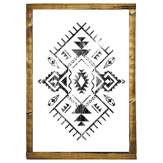 Black rustic faded abstract southwestern style print on white background with dark wood frame.